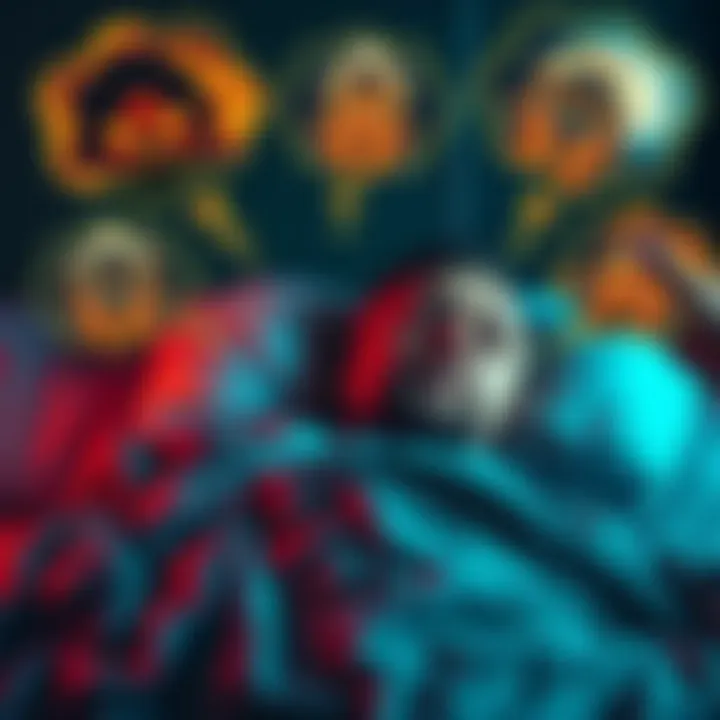 A person lying in bed with a distressed expression, surrounded by thought bubbles depicting dream imagery, symbolizing the emotional impact of quitting cannabis.
