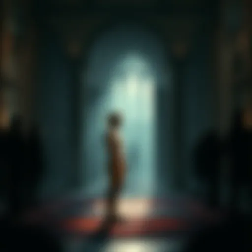 A person standing inside a dimly lit cathedral, looking distressed with visible marks on their body, surrounded by shadows and faint outlines of mysterious figures.