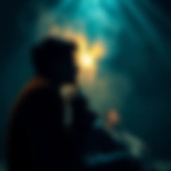 A person sitting quietly, looking contemplative with a faint glow around them, symbolizing thoughts and silent prayers