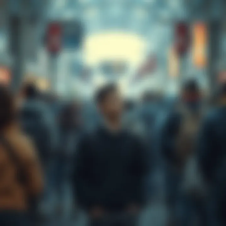 Person feeling isolated in crowd A person stands alone in a crowded place, looking around with a thoughtful expression, symbolizing feelings of isolation and misunderstanding in society.