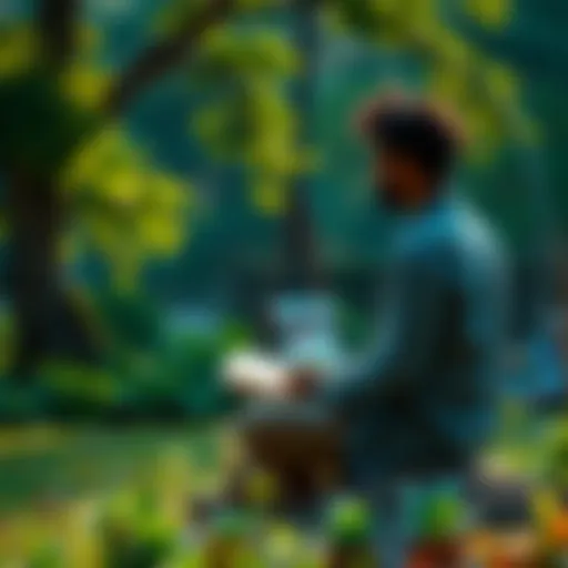 A person sitting peacefully, writing in a journal surrounded by nature, showcasing mindfulness and reflection.