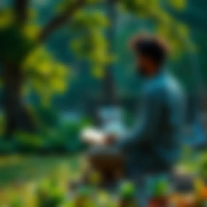 A person sitting peacefully, writing in a journal surrounded by nature, showcasing mindfulness and reflection.