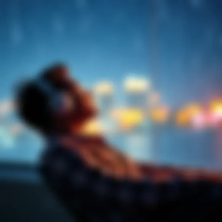 A person relaxing with headphones, listening to affirmations over soothing background sounds like rain