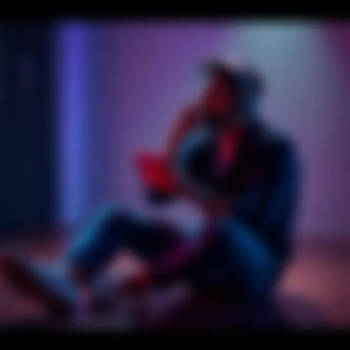 Individual sitting on floor with headphones, holding a tape, contemplating whether to skip it