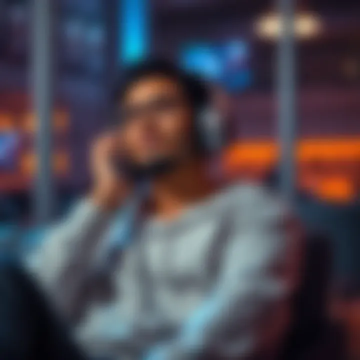 Person listening to music with headphones A person sitting in a relaxed position, wearing headphones while listening to a track, with a thoughtful expression on their face, symbolizing reflection on their experiences with subliminals.