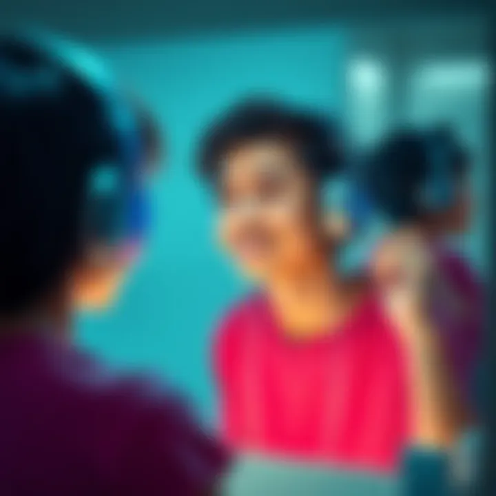 A young person enjoying music with headphones while getting ready in front of a mirror, looking confident and happy