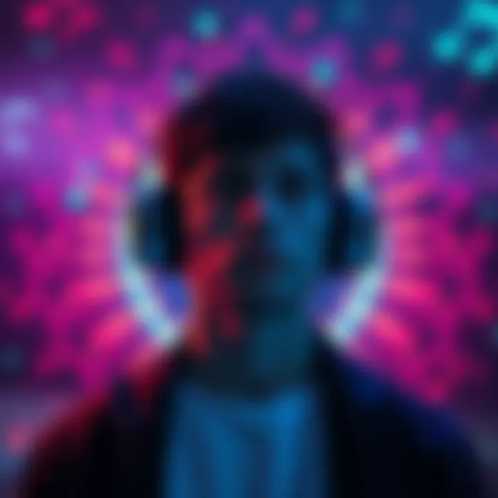 Person listening to sad music Individual with headphones on, looking thoughtful while colorful aura patterns surround them, depicting emotional impact of music.