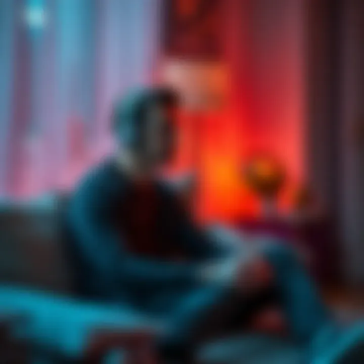 Individual sitting in a cozy space with headphones on, looking contemplative while listening to subliminal audio about self-worth and health.