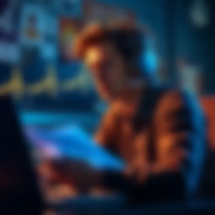 Person listening to subliminal messages A person wearing headphones, looking thoughtful while listening to subliminal messages, with notes and a laptop near them.