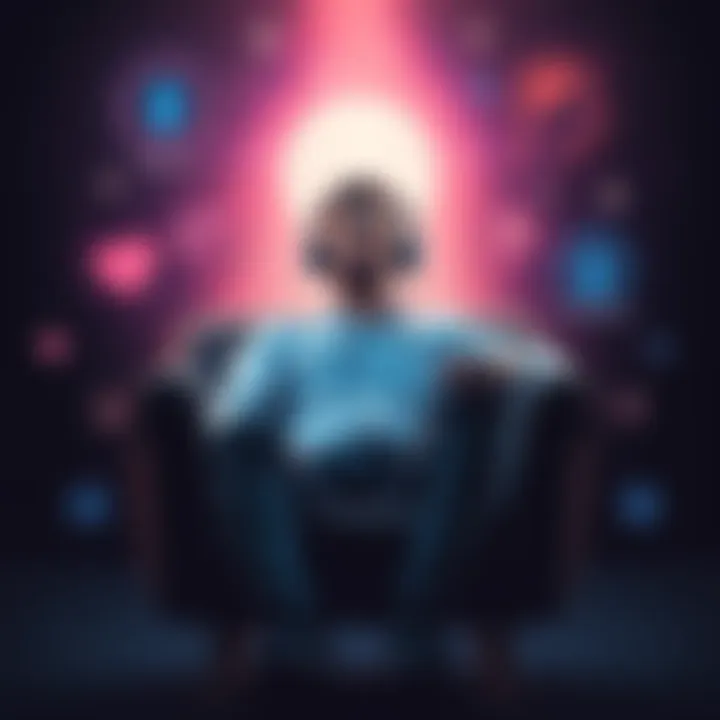 A person sitting comfortably in a chair, wearing headphones and appearing relaxed while listening to subliminal messages. Surrounding them are symbols representing health, wealth, and attraction, with...