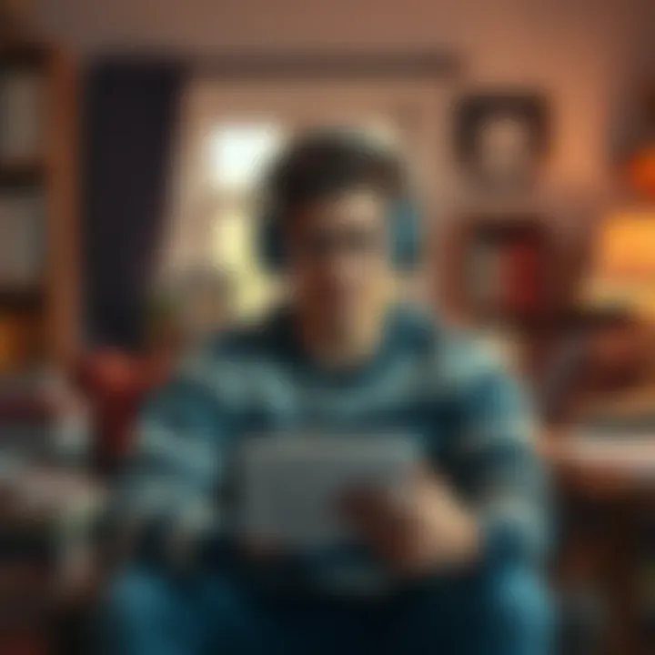 Person listening to subliminal recordings Individual wearing headphones, with a thoughtful expression, sitting in a cozy room surrounded by notes and books on height subliminals.