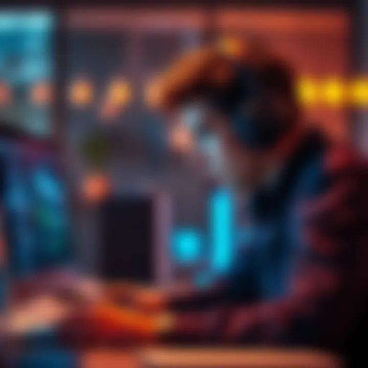 Person Listening to Subliminals A person wearing headphones, focused on a computer with multiple tabs open, listening to subliminal messages while working