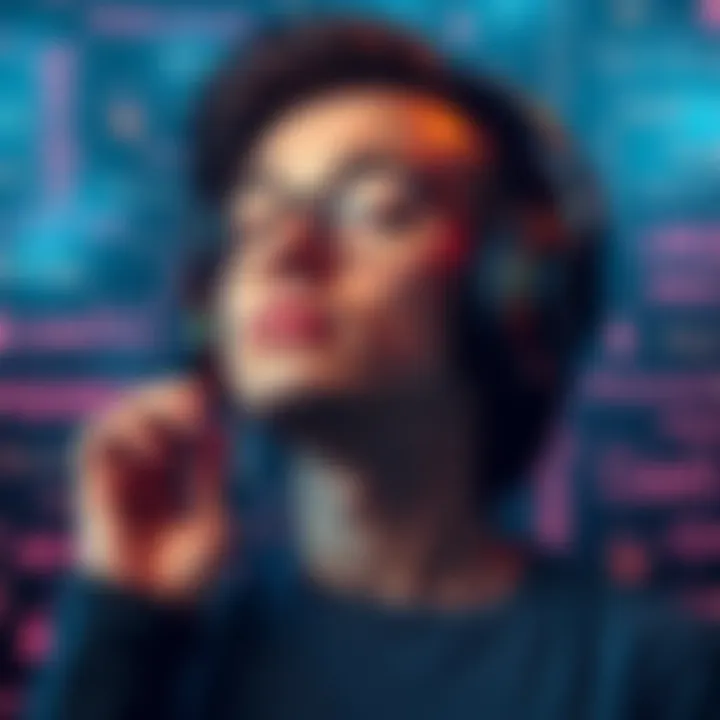 Person listening to subliminal messaging A person wearing headphones, eyes closed, relaxed, surrounded by motivational words and images