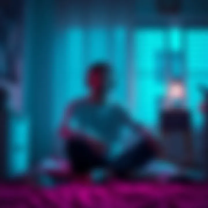 A relaxed person sitting with headphones, enjoying a podcast while cleaning their room