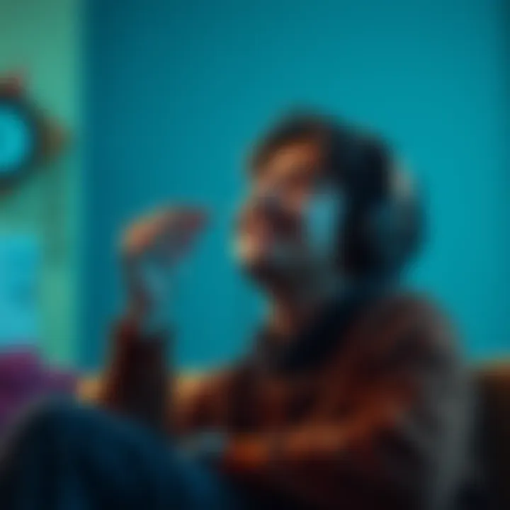 Person listening to music with emotions A person sits with headphones on, eyes closed, smiling and wiping a tear, reflecting on a song that evokes strong feelings.