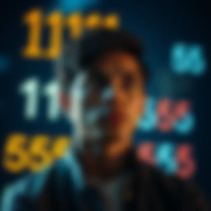 A person gazing thoughtfully at a series of numbers, representing angel numbers like 1111 and 555, while waiting for exam results.