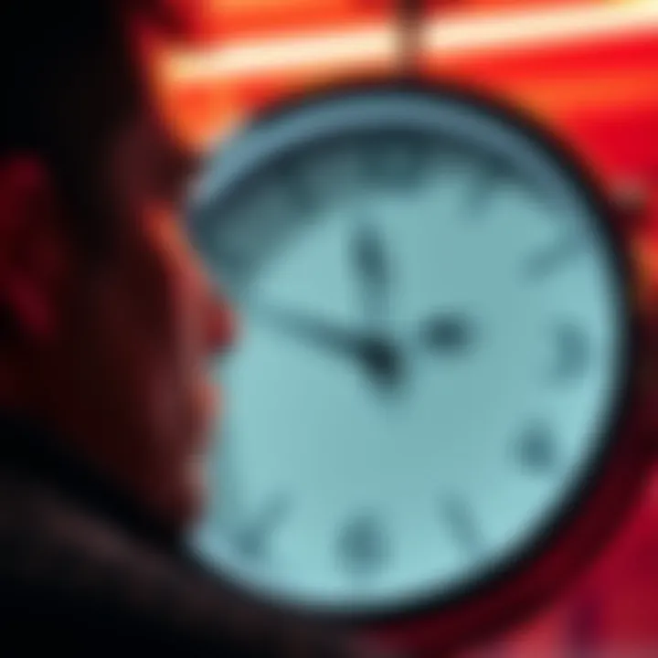 A person gazing at a clock that reads 4:00, symbolizing the frequent appearance of the number 4 in daily life.