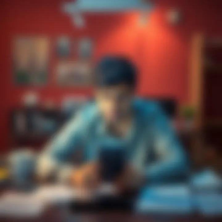 A person sitting at a desk, staring at their phone with a puzzled look, surrounded by notes about subliminal messages.