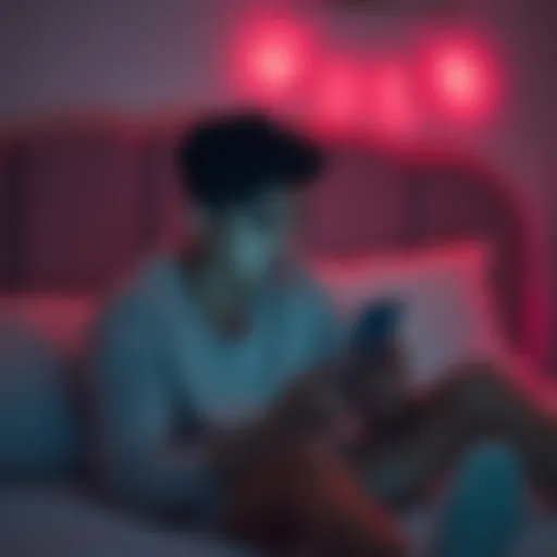 A person sitting on a bed, looking at their phone in surprise and uncertainty, pondering how to respond to an unexpected text message