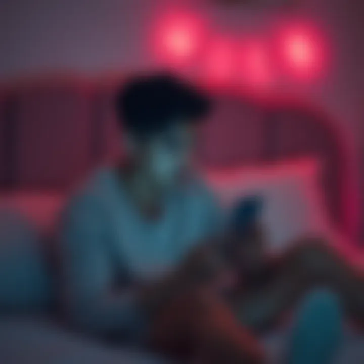 A person sitting on a bed, looking at their phone in surprise and uncertainty, pondering how to respond to an unexpected text message
