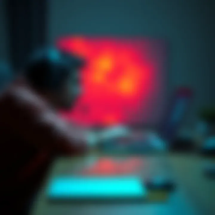 A person sitting at a desk, analyzing conspiracy theories on a laptop screen with serious expression