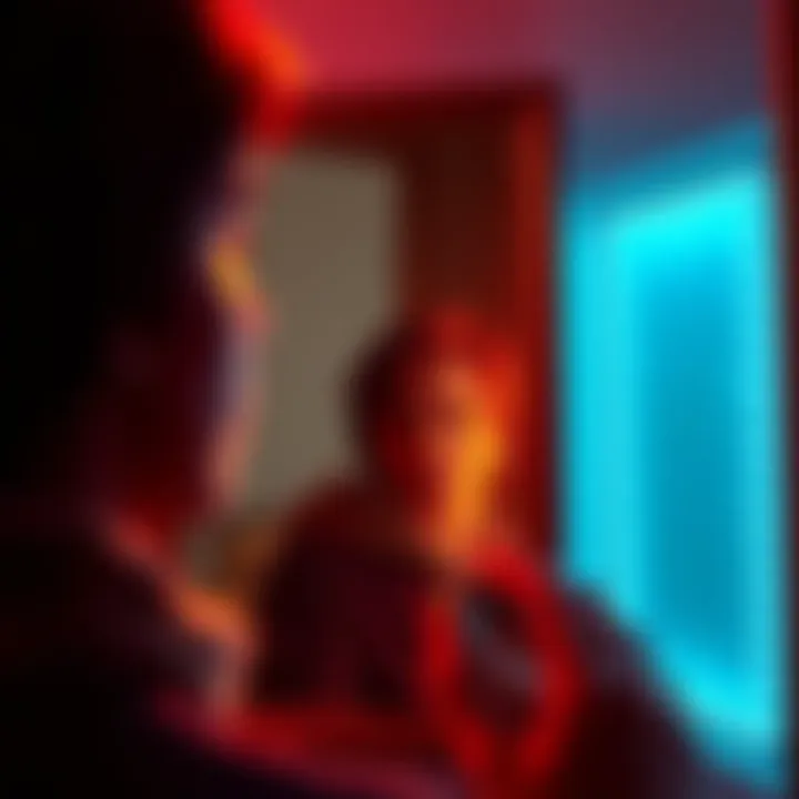 Person looking in the mirror A person gazes into a mirror reflecting a different version of themselves, symbolizing identity change.