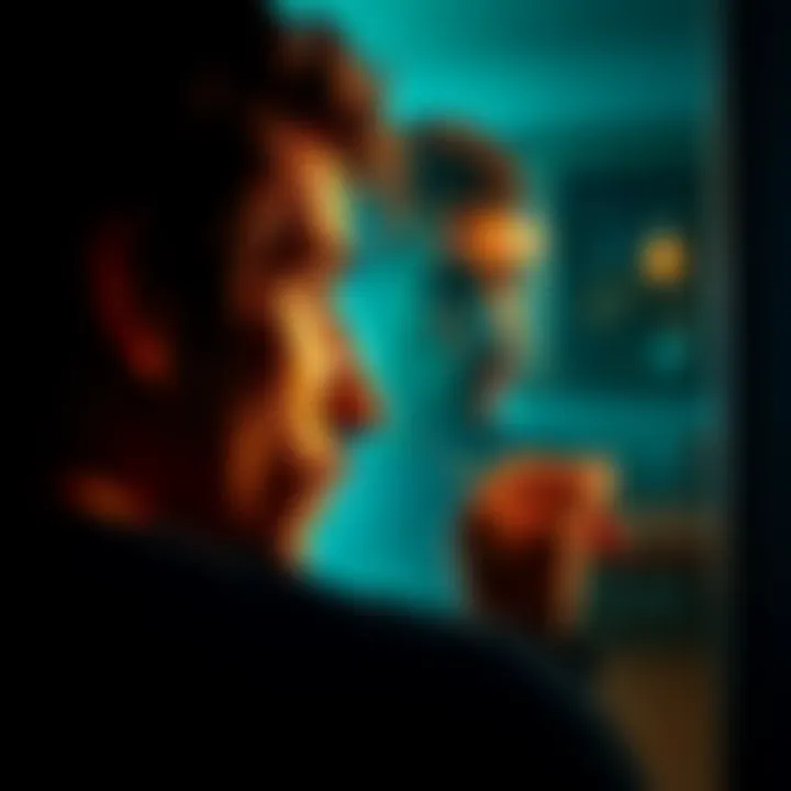 Individual gazing into a mirror with a contemplative expression, reflecting on self-image and dissatisfaction.