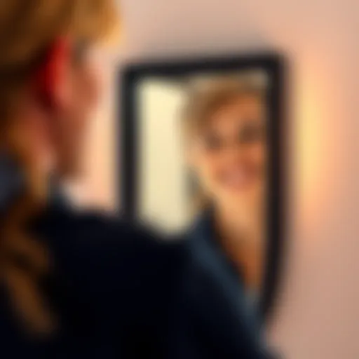 Individual smiling at their reflection in a mirror, symbolizing improved self-esteem and worthiness.