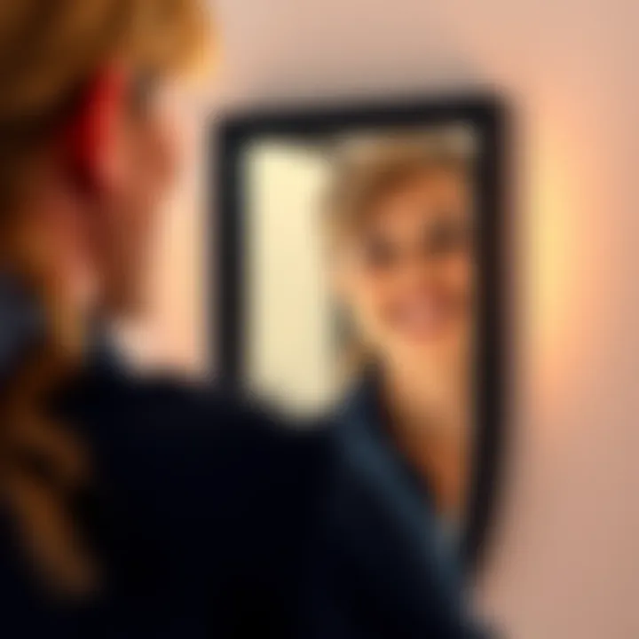 Individual smiling at their reflection in a mirror, symbolizing improved self-esteem and worthiness.
