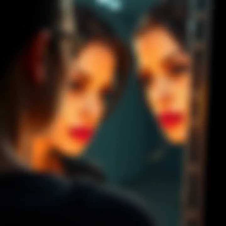 Person looking in the mirror Individual examining their reflection, showcasing changes in facial features inspired by Adriana Lima, with a focus on the nose and lips.