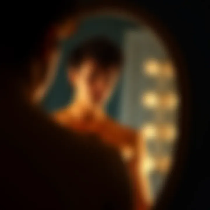 Individual examining their body in the mirror, focusing on stretch marks and self-image issues