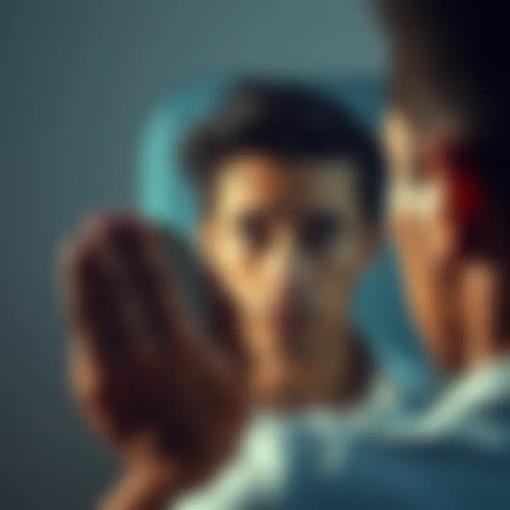 Individual examining their reflection in a mirror, showing a focused expression as they work on lightening their eye color through subliminal techniques.