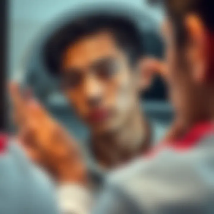Person looking in the mirror with a thoughtful expression Individual gazing at their reflection, contemplating changes to their facial features, symbolizing the desire for transformation through subliminal messages.
