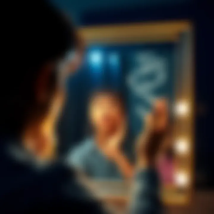 Person looking in a mirror A person checking their appearance in a mirror, expressing self-reflection and consideration of their image.