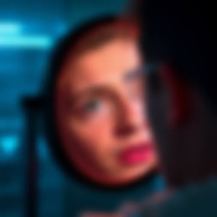 A person gazing at their reflection in a mirror, noticing a change in eye color, displaying excitement.