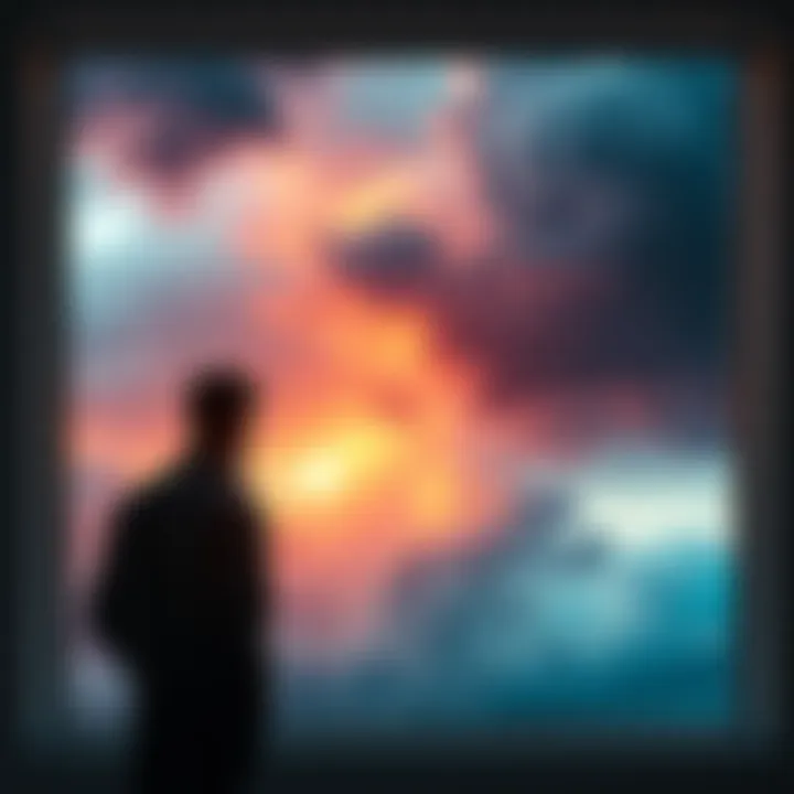 Person looking out at stormy sky Individual standing by a window, gazing at dark clouds outside, symbolizing career struggles and hope for better days ahead.