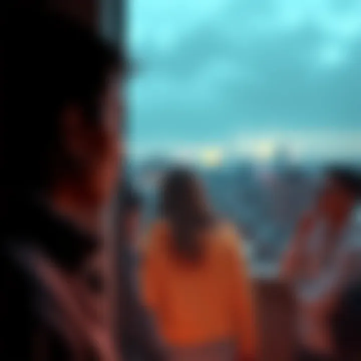 A person gazes out a window, expressing feelings of loneliness while surrounded by supportive friends in the background.