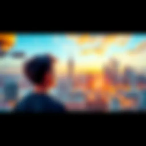 A young individual gazes at a city skyline with determination, symbolizing the pursuit of dreams and aspirations.