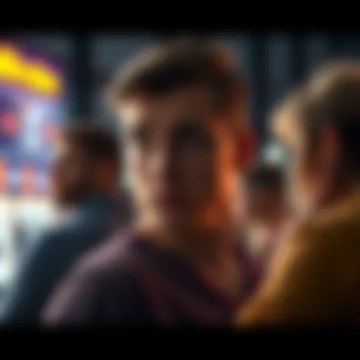 Person looking wary of others A person with a concerned expression glancing sideways at a group of people, representing the feeling of being watched or judged