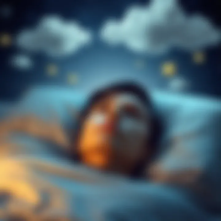 Individual lying in bed with a calm expression, surrounded by dreamy clouds and stars, symbolizing lucid dreaming