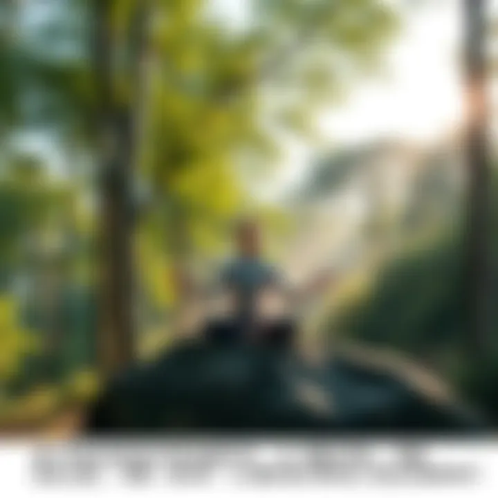 Person meditating in nature A person sitting cross-legged on a rock, meditating in a serene forest setting, surrounded by trees and soft sunlight filtering through the leaves.