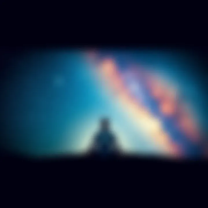 A person sits cross-legged in meditation, surrounded by bright stars and galaxies, reflecting a sense of peace and connection to the universe.