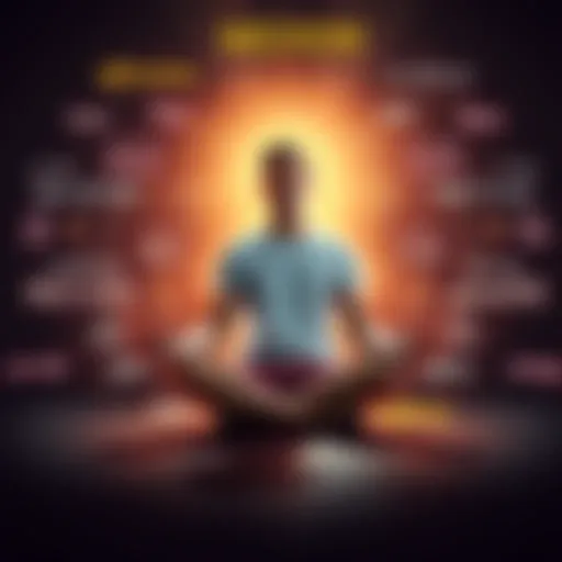 Individual sitting cross-legged, surrounded by positive affirmations and light, showing confidence and self-love