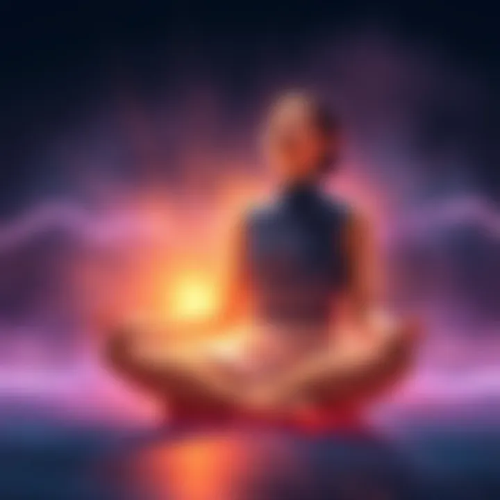 A person sitting cross-legged, eyes closed, with a serene expression, surrounded by a soft glow, as they attempt astral projection during meditation.