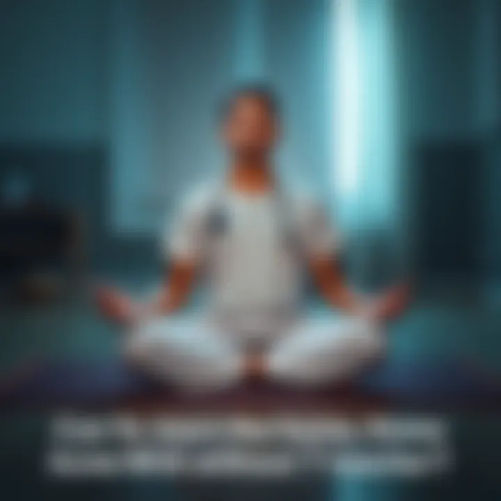 Individual sitting cross-legged on a mat, practicing Transcendental Meditation indoors, with a calm expression and soft lighting around them