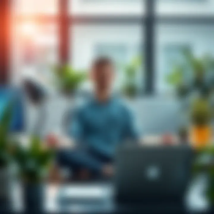 A person sitting at a desk in an office, practicing meditation to clear negative energy, with plants around them and a peaceful expression.
