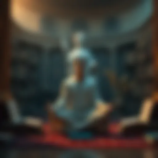 A person sitting cross-legged in meditation, surrounded by books and a statue of the goddess Athena, symbolizing wisdom and emotional growth.