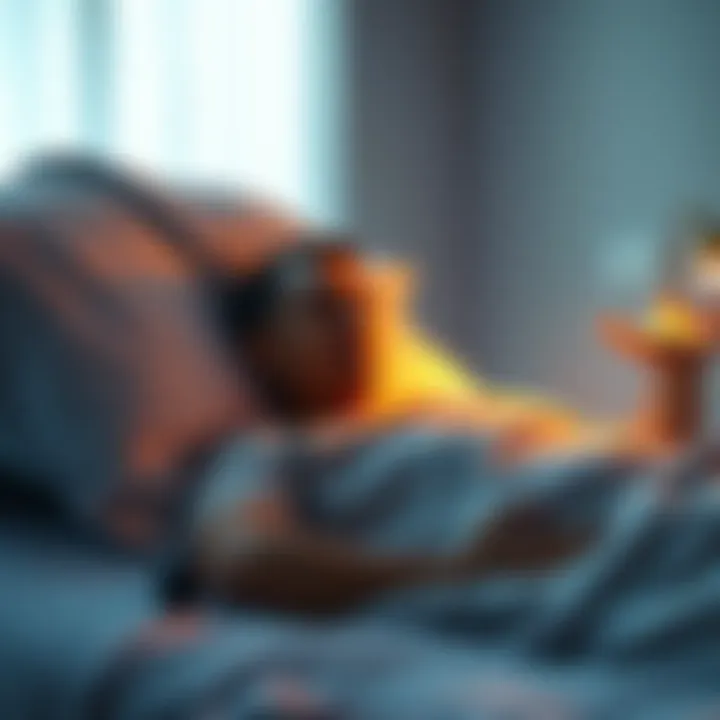 Individual lying in bed, practicing meditation with calm expression, surrounded by soft lighting and serene atmosphere