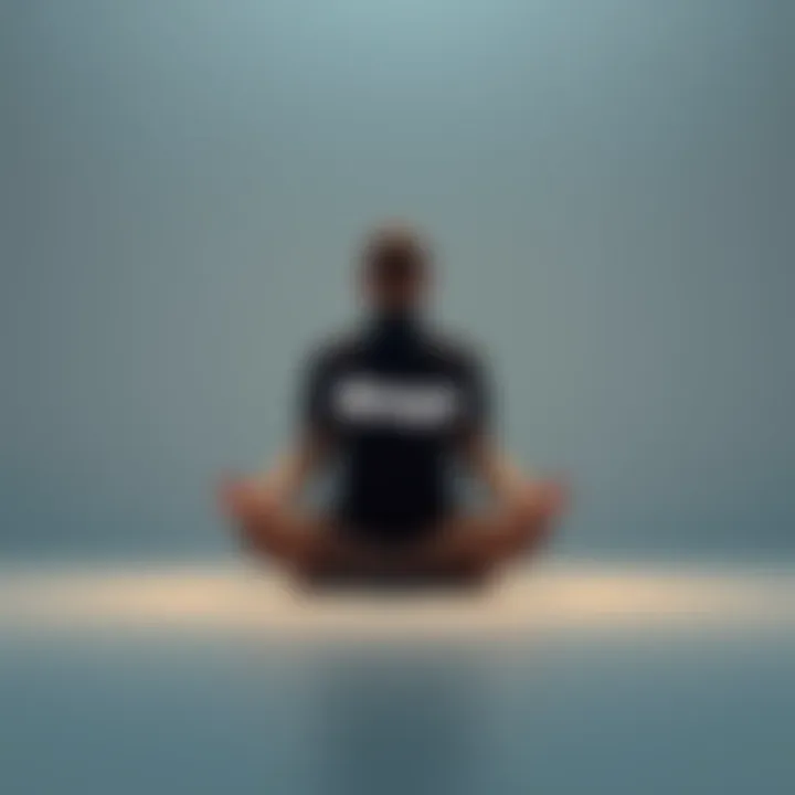 Individual sitting cross-legged in a serene space, focusing on breathing while vocalizing the word 'Bingo' during meditation