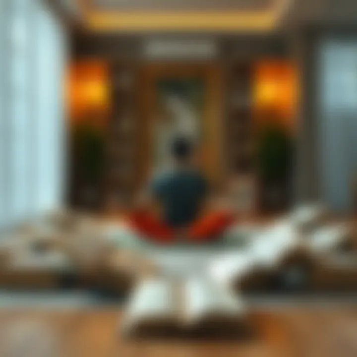 A person sits cross-legged on the floor, surrounded by open books on spirituality, focusing on meditation in a serene environment.